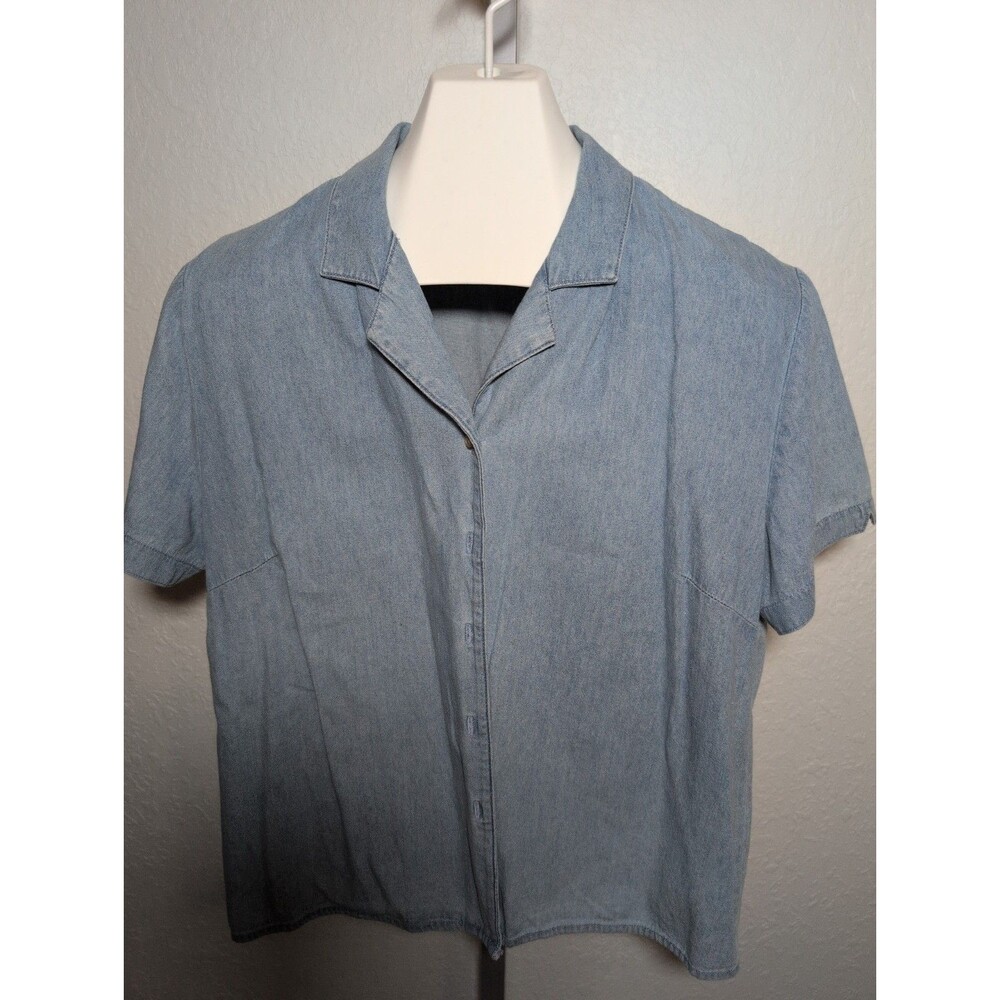 Relativity Womens Light Wash Short Sleeve Button Front Denim Shirt Blouse XL